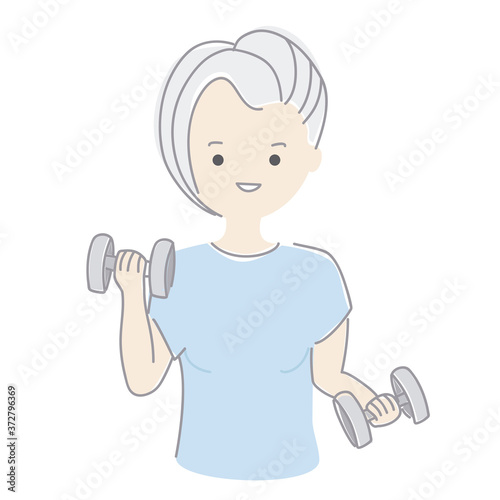 Middle age woman doing exercises. Senior lady lifting dumbbells. Weight training for elder concept. Vector illustration.