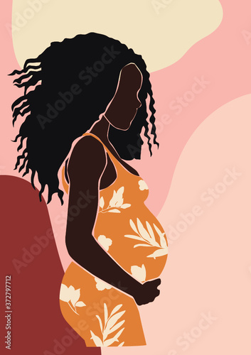 Vector illustration of pregnant mother with flowers on the background. Cute young pregnant woman print poster.