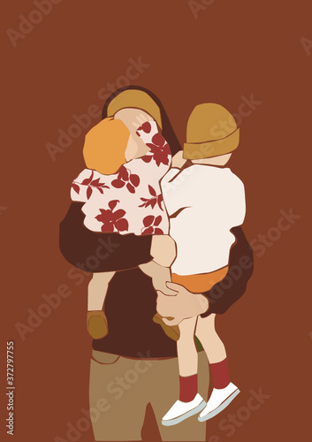 Abstract vector illustration of parent with a two kid on the brown nude isolated background. Lovely family wall art print.