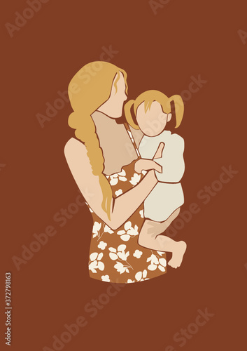 Vector illustration of parent with a kid on the earthy nude isolated background. Lovely family wall art print.