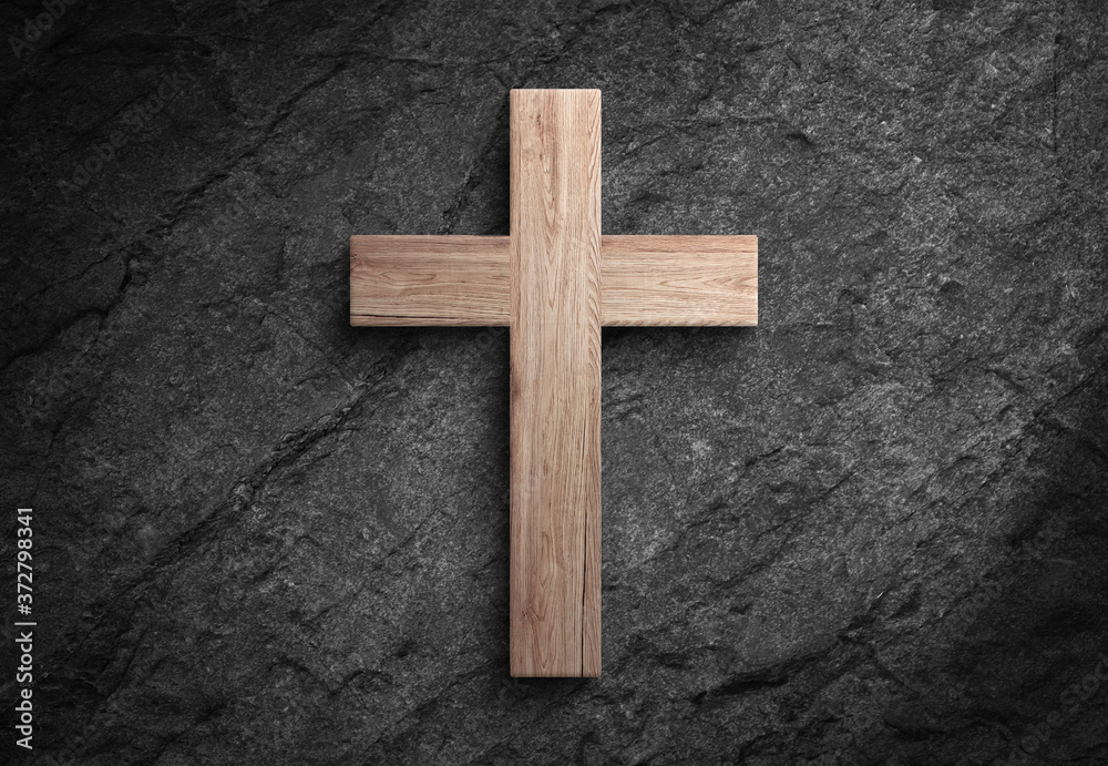 Christianity wooden cross jesus christ sign dark stone wall