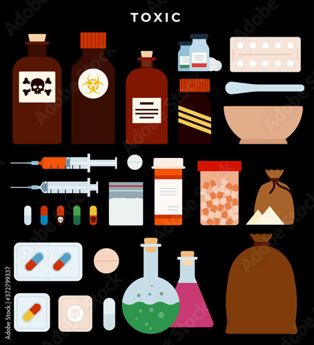 Pharmaceutical illustration of medical pills and bottles. Medical cure and flat medicament and vitamin. Pharmacy theme, capsule pills with medicine antibiotic in packages on dark background