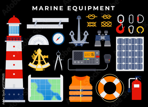 Marine Equipment, anchor, nautical seafaring, sailing equipment. anchor, binoculars, lifebuoy, life jacket, hook, knots, carbines, compass, map. on dark background