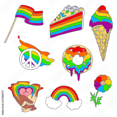 Homosexual rainbow icon set on white isolated backdrop. LGBTQ symbols for invitation or gift card, notebook, bath tile, scrapbook. Phone case or cloth print art. Doodle style stock vector illustration