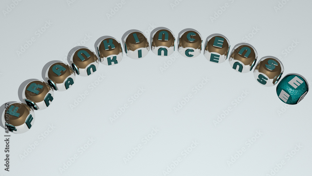frankincense text of dice letters with curvature, 3D illustration for myrrh and aromatic frankincense text of dice letters with curvature, 3D illustration for myrrh and aromatic