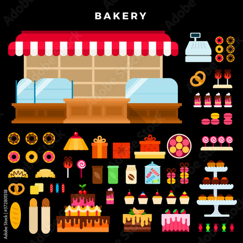 Confectionery counter and bakery products vector flat set with cakes, bread, donuts, cupcakes, croissants, biscuit, pretzel, macaroons, coffee, tea, gift wrapping on dark background