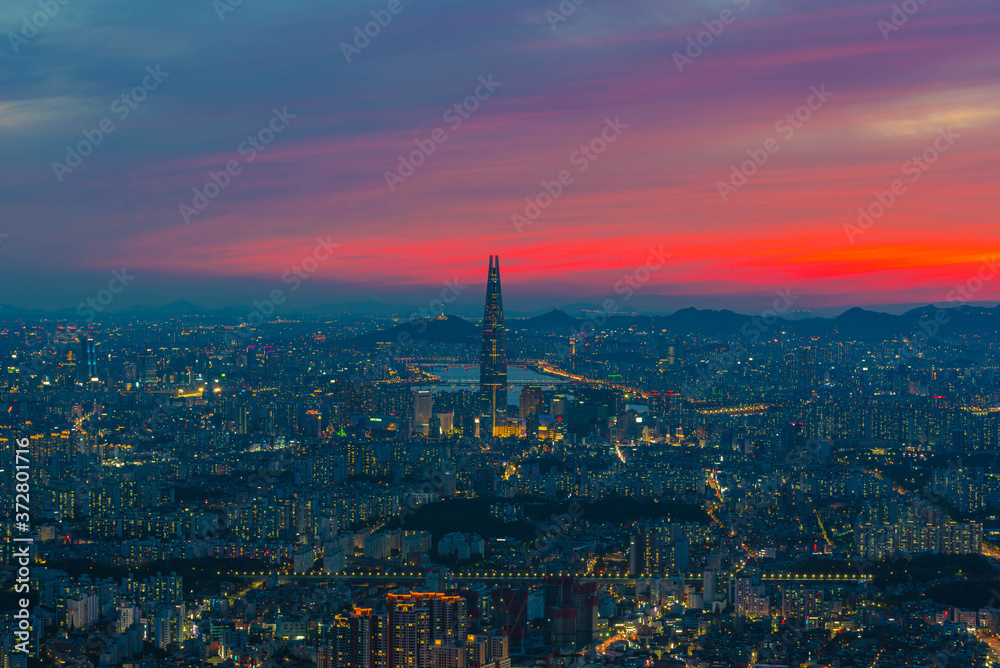  View sunset seoul city skyline, view from high level hannam sansong  in seoul city south korea 