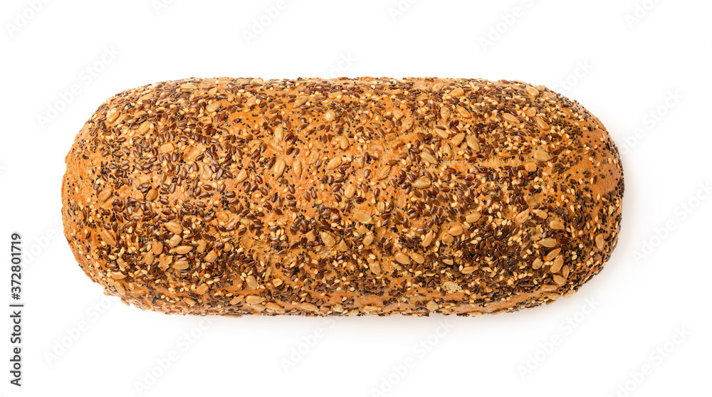Loaf of fresh bread with seeds isolated on white background. Whole wheat bread with sunflower, flax, poppy and sesame seeds. Baking of dough. Healthy eating. Loaf of fresh bread with seeds isolated on white background. Whole wheat bread with sunflower, flax, poppy and sesame seeds. Baking of dough. Healthy eating.