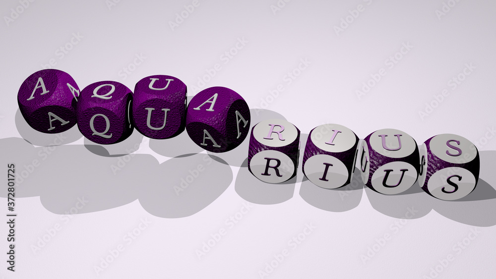 AQUARIUS text by dancing dice letters, 3D illustration for zodiac and astrology AQUARIUS text by dancing dice letters, 3D illustration for zodiac and astrology