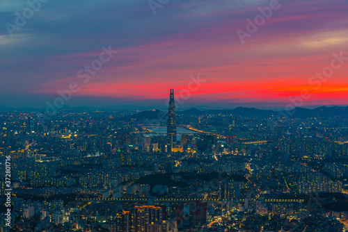  View sunset seoul city skyline, view from high level hannam sansong in seoul city south korea 