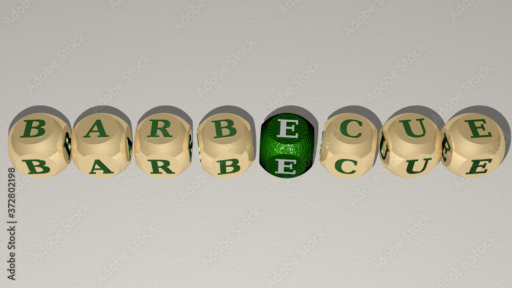 barbecue text by cubic dice letters, 3D illustration for background and bbq barbecue text by cubic dice letters, 3D illustration for background and bbq