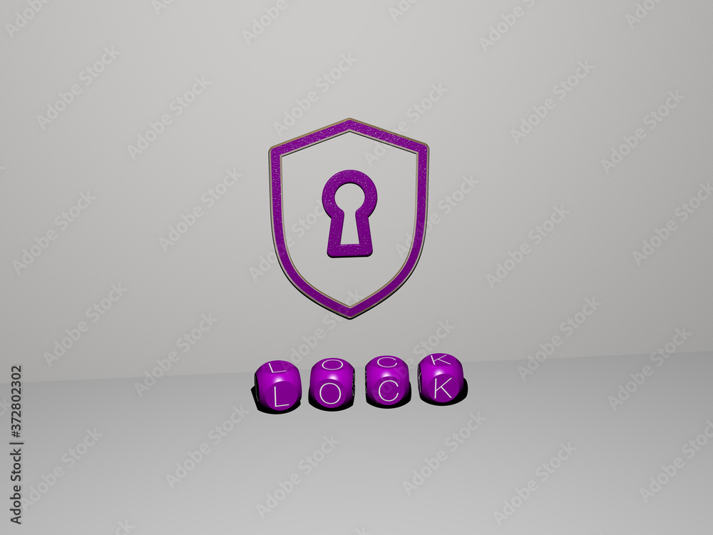 3D illustration of lock graphics and text made by metallic dice letters for the related meanings of the concept and presentations for background and icon 3D illustration of lock graphics and text made by metallic dice letters for the related meanings of the concept and presentations for background and icon