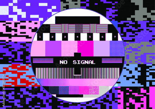 TV screen without signal with pixeled RGB bars and VHS noise effect.