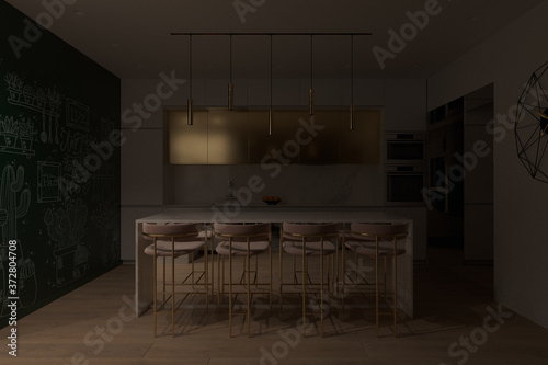 3D render kitchen interior design with cooking island and night lighting © richman21