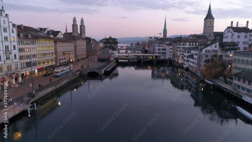 Zurich Switzerland Swiss Alps Uetliberg Mountain City Sunset Winter Aerial 4K