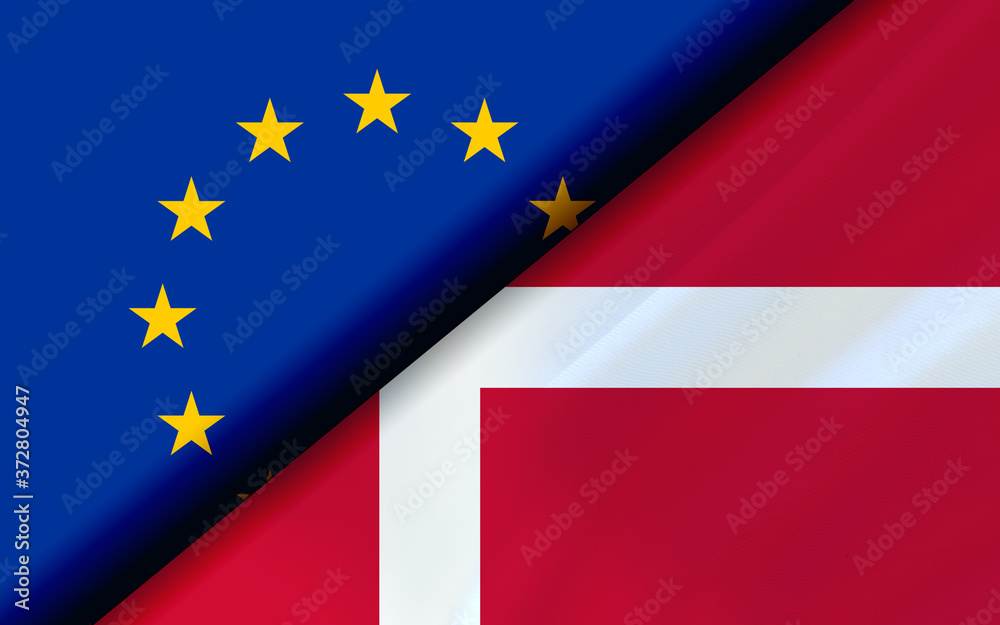 Flags of the EU and Denmark divided diagonally Flags of the EU and Denmark divided diagonally