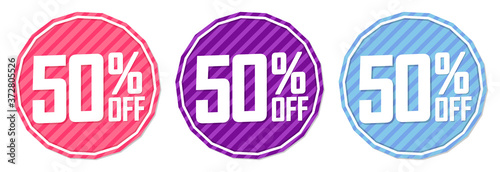 Set Sale 50 off banners, discount tags design template, vector illustration