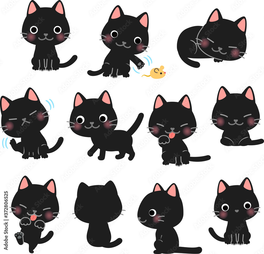 かわいい黒猫のポーズイラストセット Stock Vector Adobe Stock