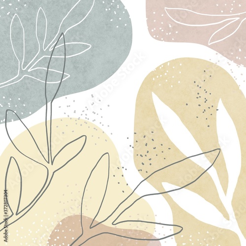 template for use in web design. yellow and blue background with abstract watercolor spots and plant elements.
