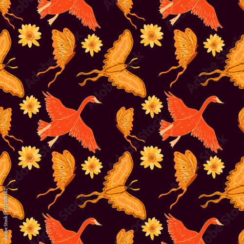 Boho hippie seamless pattern with swans, butterfly and chamomile flowers.