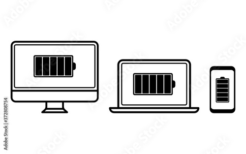 Desktop computer, laptop and phone with battery vector icons