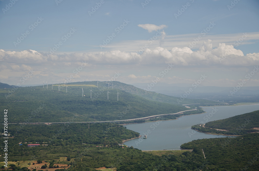 Top view lamtakong dam and wind turbine on mountain, Nakhonratchasima, Thailand.