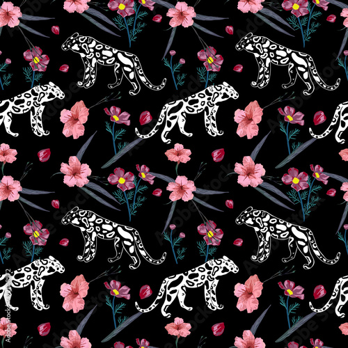 Blooming mexican petunias flowers. Summer floral seamless pattern with leopards. Can be used for fabric, wallpaper, scrapbooking.