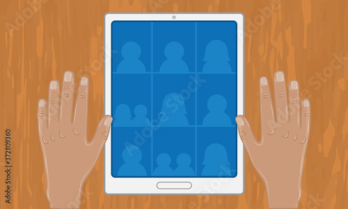 Hands with tablet in virtual meeting. Home office - Vector
