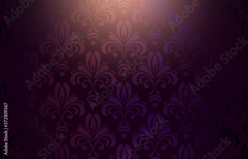 Baroque dark violet wallpaper with damask pattern. Empty background