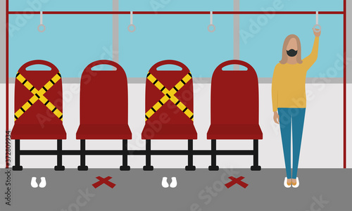 Woman in public transport wearing mask. Coronavirus prevention - Vector