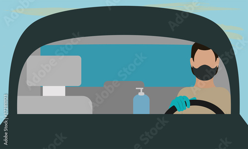 Man driving wearing mask. Coronavirus prevention - Vector