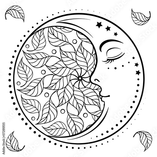 Ethnic cresent moon motif with autumn leaves decoration. Antistress coloring page