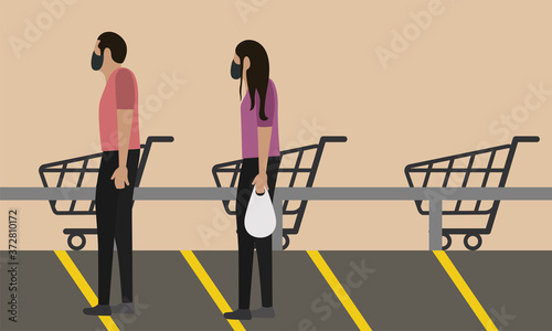 People in line with social distancing. Coronavirus prevention - Vector