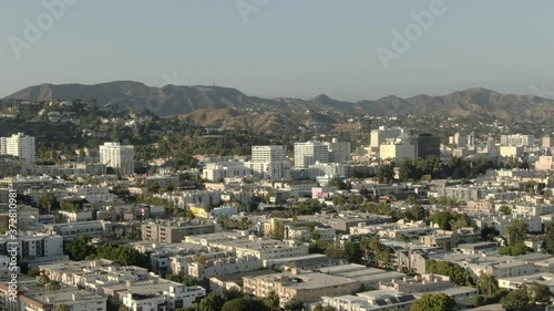 Hollywood Sunset City View and Hollywood Sign Aerial Shot R California USA