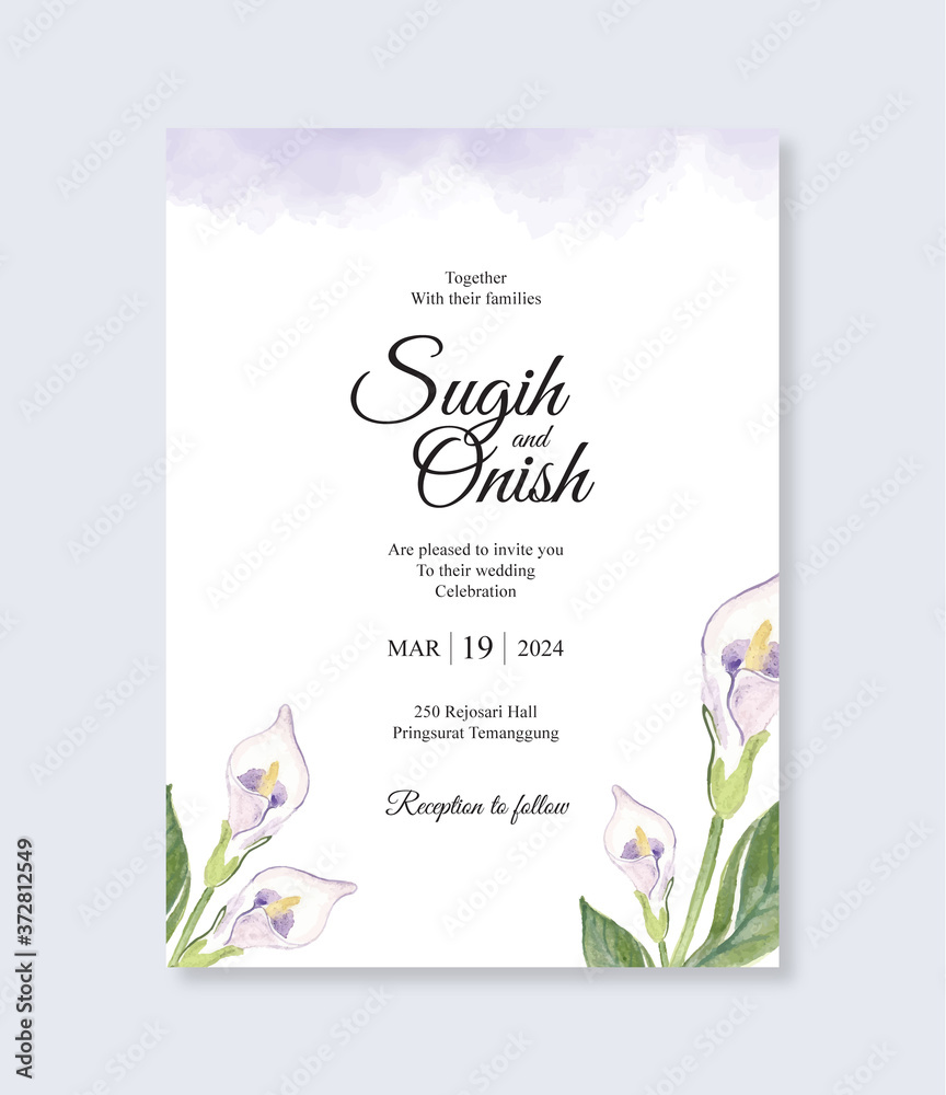 Beautiful wedding invitation template with watercolor lily flower