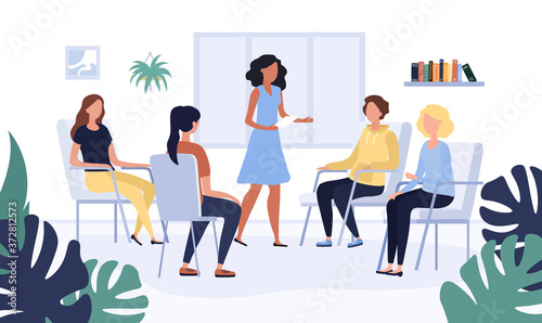 Group therapy concept with group of women sitting talking sharing problems with a therapist in her office, colored vector illustration