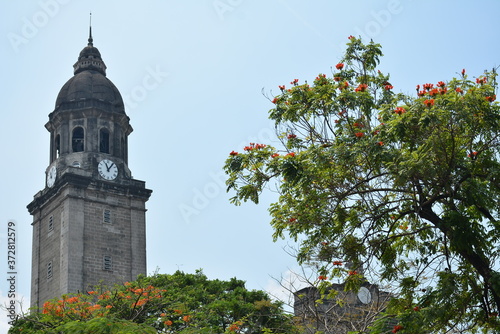 Manila Cathedral church bell tower facade at Intramuros in Manila, Philippines