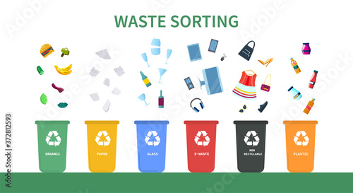 Waste sorting a recycling concept with a line of color coded bins for different household garbage and floating products, colored vector illustration