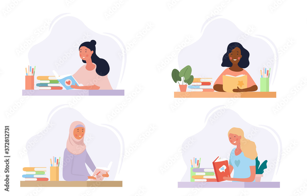 Fototapeta premium Set of four girls of assorted ethnicity writing diaries at home seated at tables, colored vector illustration