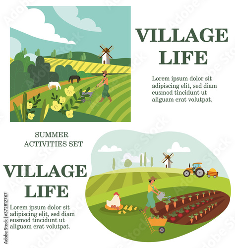 Summer poster showing assorted activities of Village Life working in the fields cultivating crops with text and copyspace, colored vector illustration