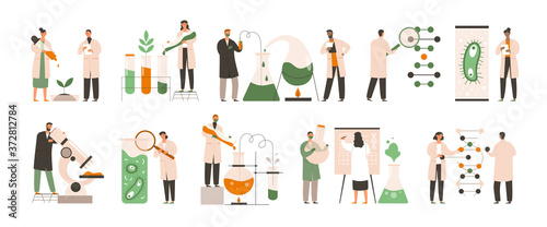 Set of different biochemists working in labs doing chemical analysis, tests and experiments on plants and microorganisms, colored vector illustration