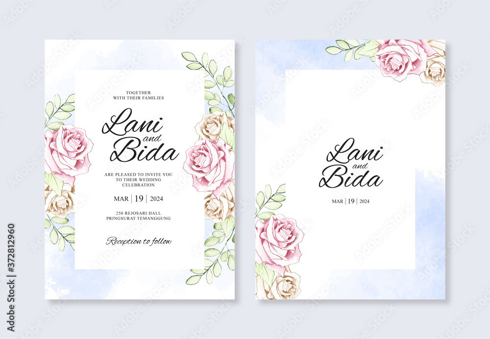 Wedding card invitation with hand painted watercolor floral and splash