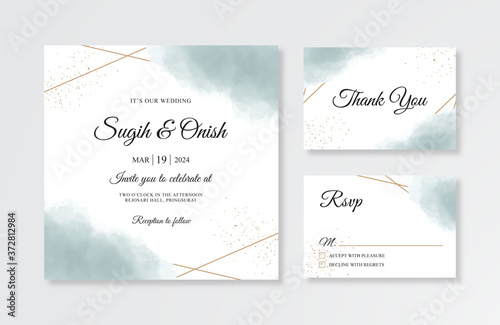 Wedding invitation card template with golden geometric and watercolor splash
