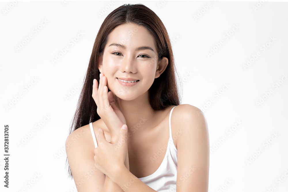 Beautiful Young asian Woman with Clean Fresh Skin, on white background, Face care, Facial treatment, Cosmetology, beauty and spa, Asian women portrait Beautiful Young asian Woman with Clean Fresh Skin, on white background, Face care, Facial treatment, Cosmetology, beauty and spa, Asian women portrait