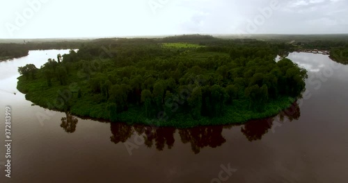 Aerial view of ariver curve in the Caeté River in the city of Bragança, which is within the Amaonian forest