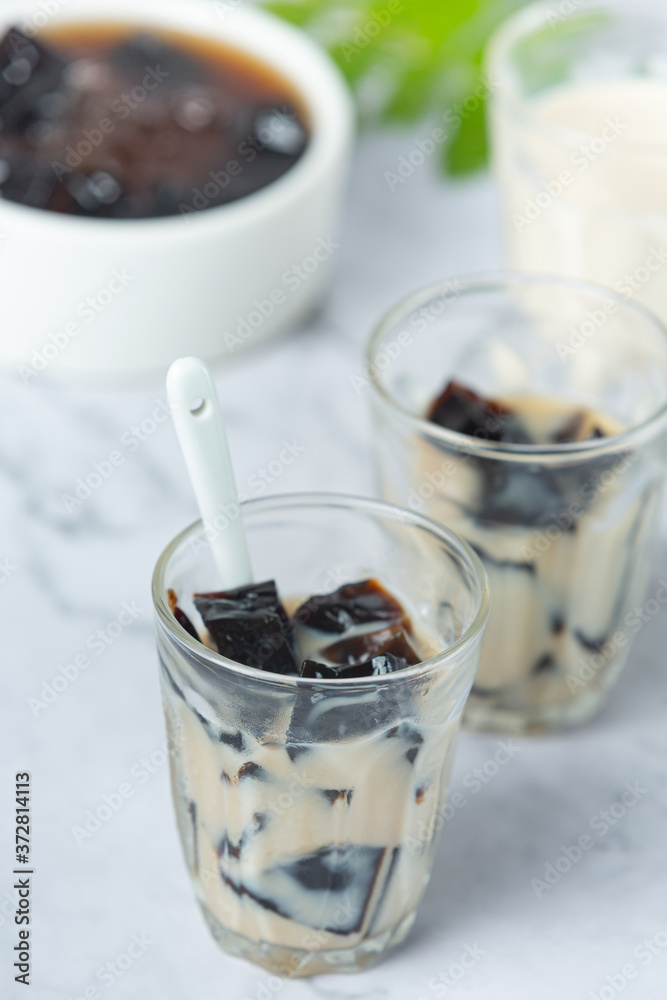 Grass Jelly Topped with Caramel Dessert concept.