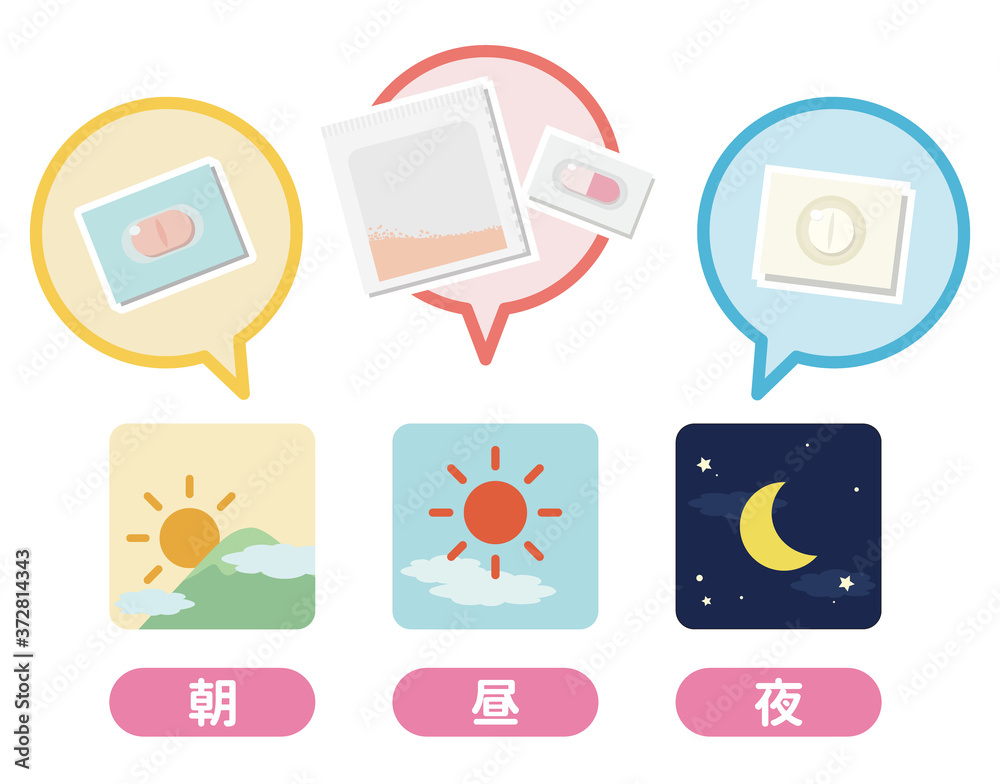 薬の服用時間を守るイメージイラスト(日本語表記) 薬の服用時間を守るイメージイラスト(日本語表記)