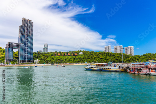 Photography Aerial vie of Pattaya city sign on the mountain, Pattaya Thailand