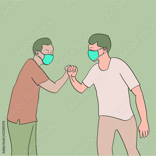Two people with mask, greet by bumping elbows instead of greeting with a hug or handshake. Alternative handshake concept. Creative greeting to avoid Coronavirus 2019-nCov,