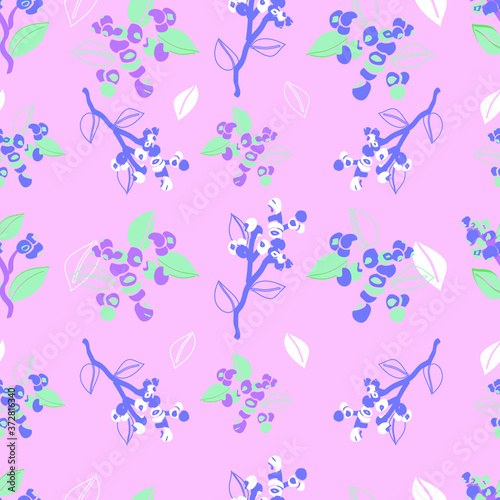 pink seamless pattern with blueberries and leaves